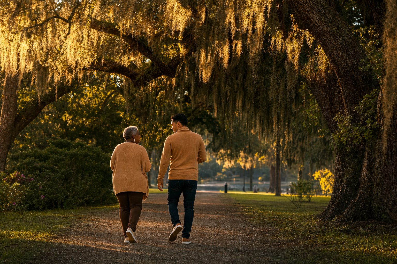 Two people of different ages and backgrounds walking together along a sunlit oak-lined path in Louisiana