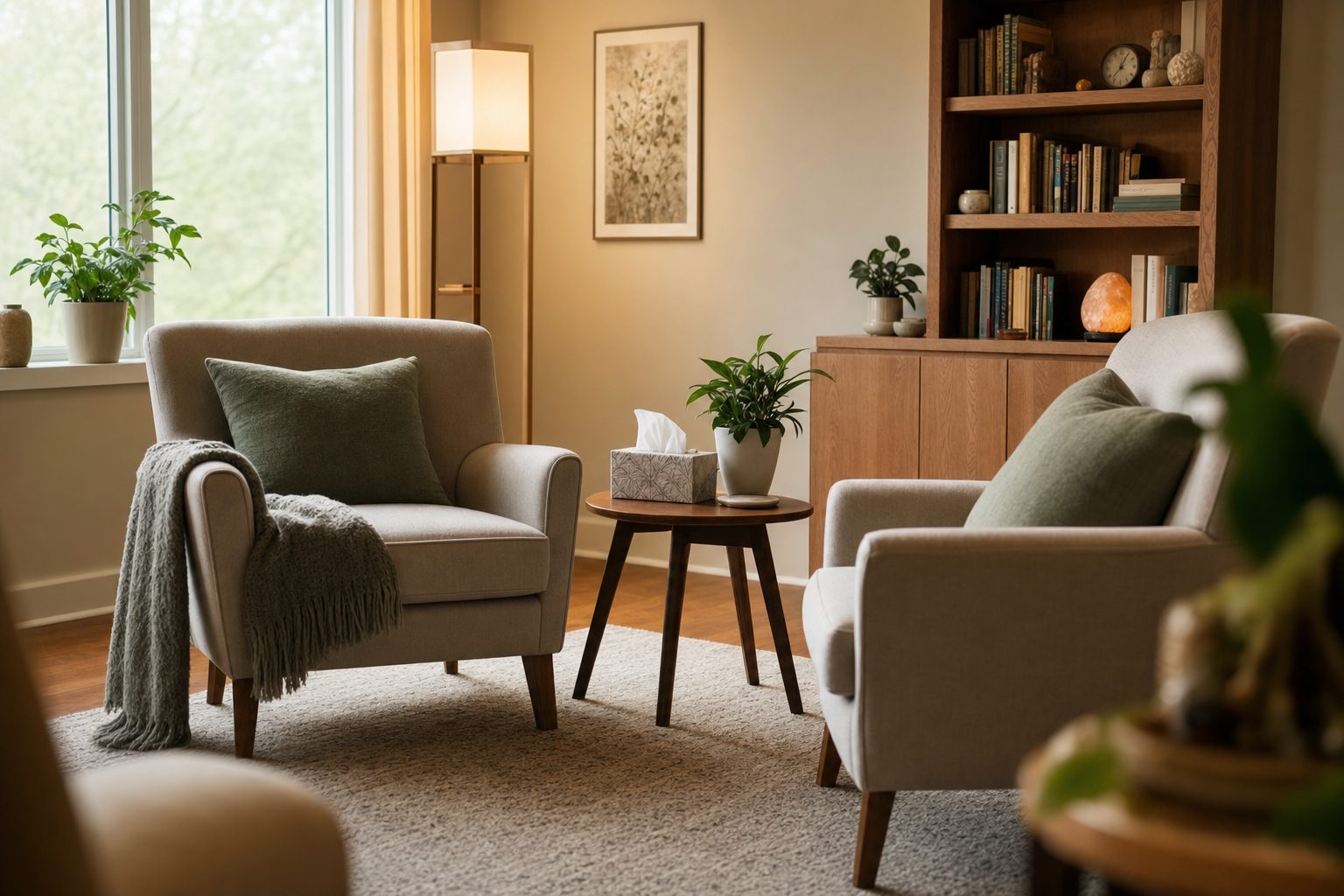 A warm, calming counseling room with two armchairs and soft natural light