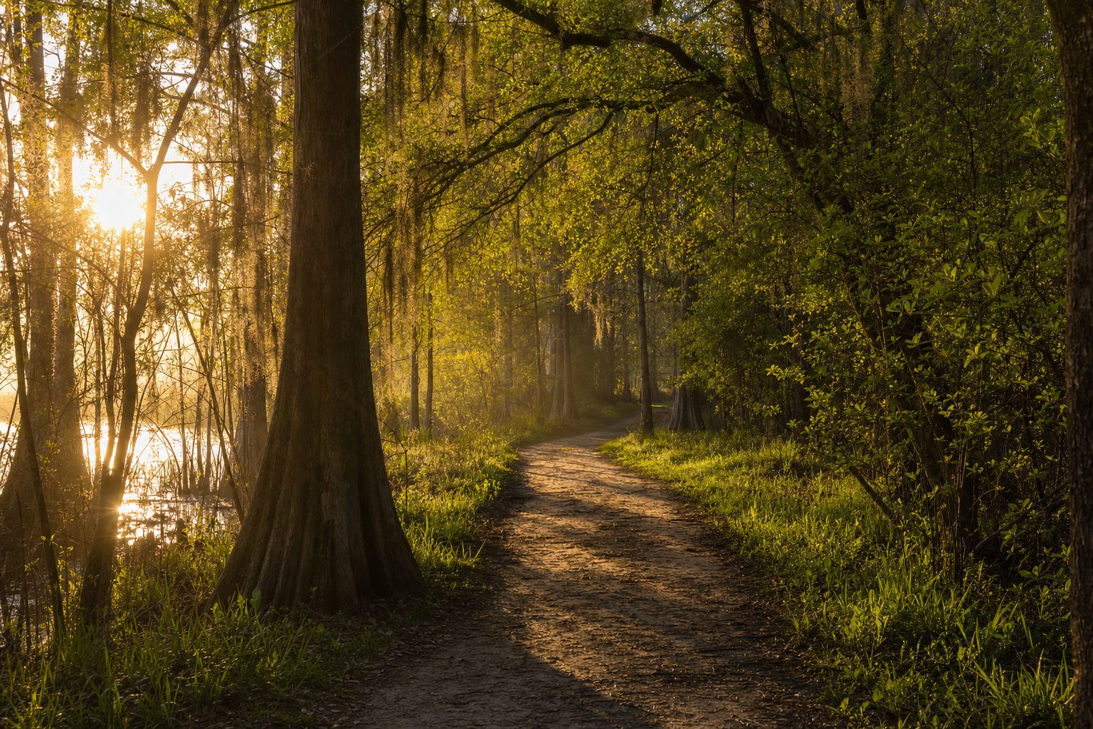 A sunlit path winding through a Louisiana wetland forest, symbolizing the recovery journey