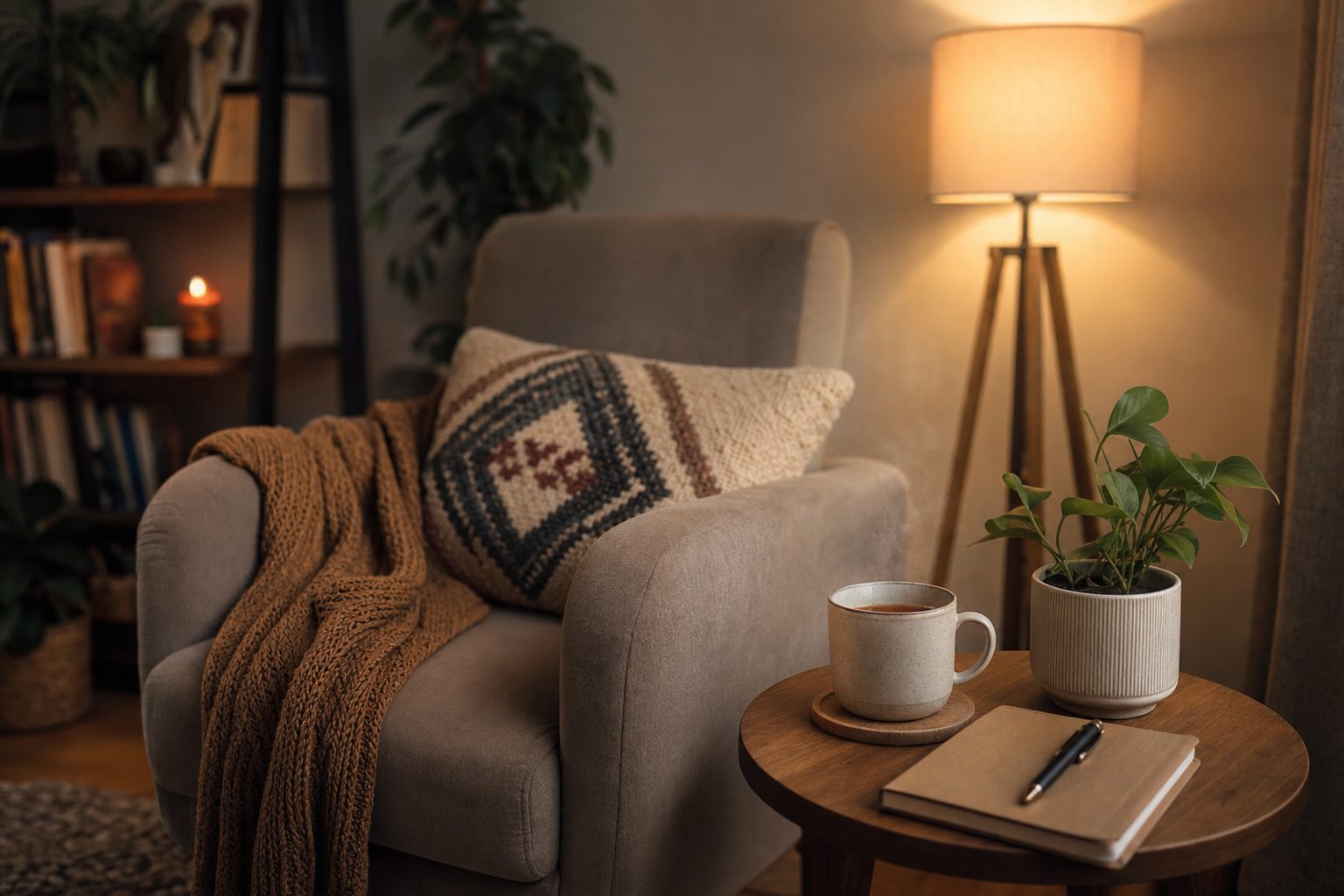 A warm, cozy home reading nook with tea and soft lamp light, a calm space to settle into before a telehealth session