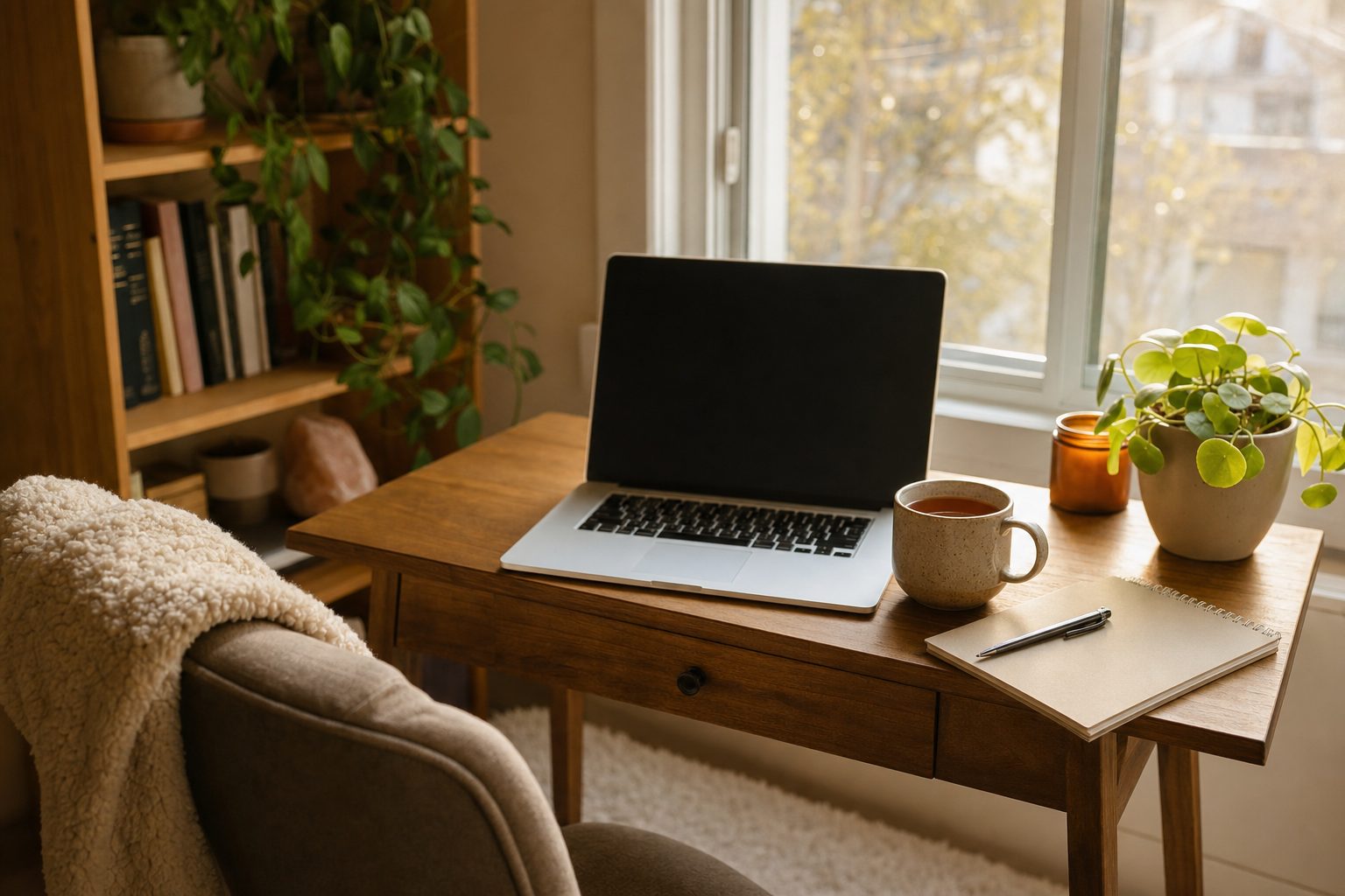 A cozy home setup with a laptop ready for a telehealth counseling session