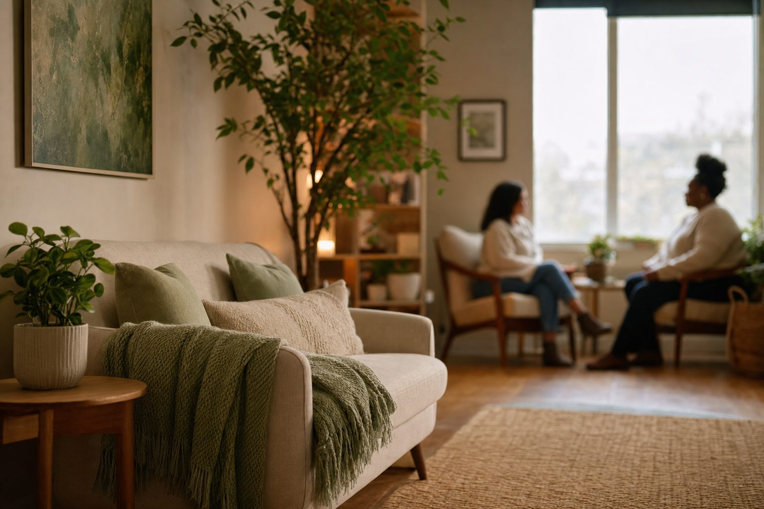 A calm, softly lit room with comfortable seating